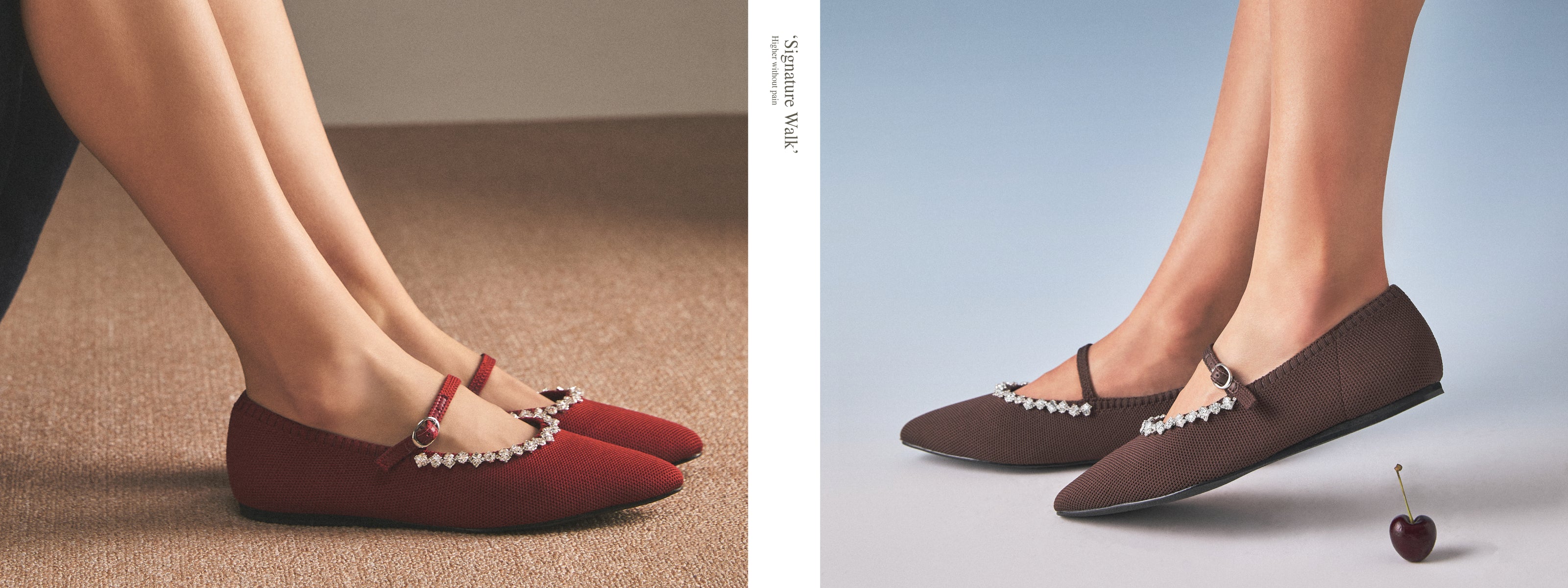 DARLIN Signature Walk Collection - รองเท้าบัลเล่ต์สีแดงและสีน้ำตาลประดับคริสตัล